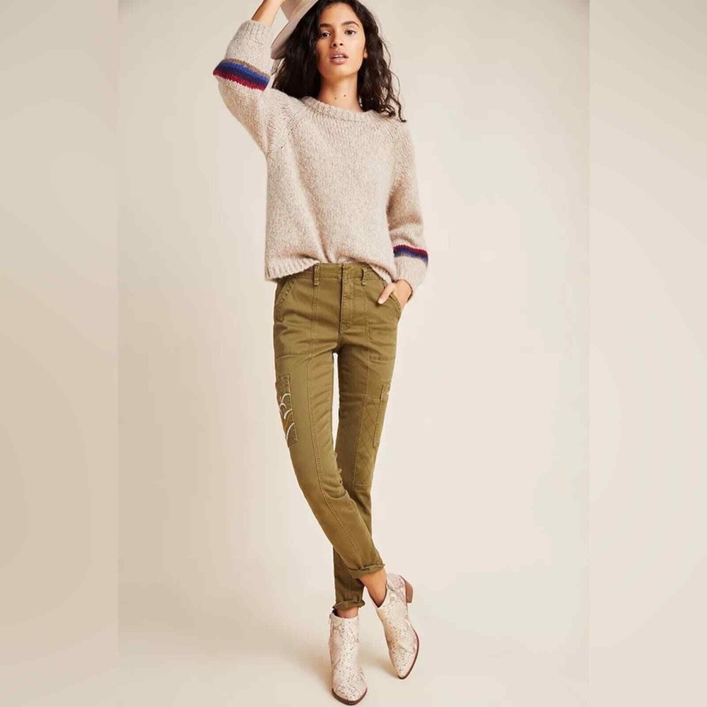 Anthropologie Austen Olive Green Embroidered Utility Pants